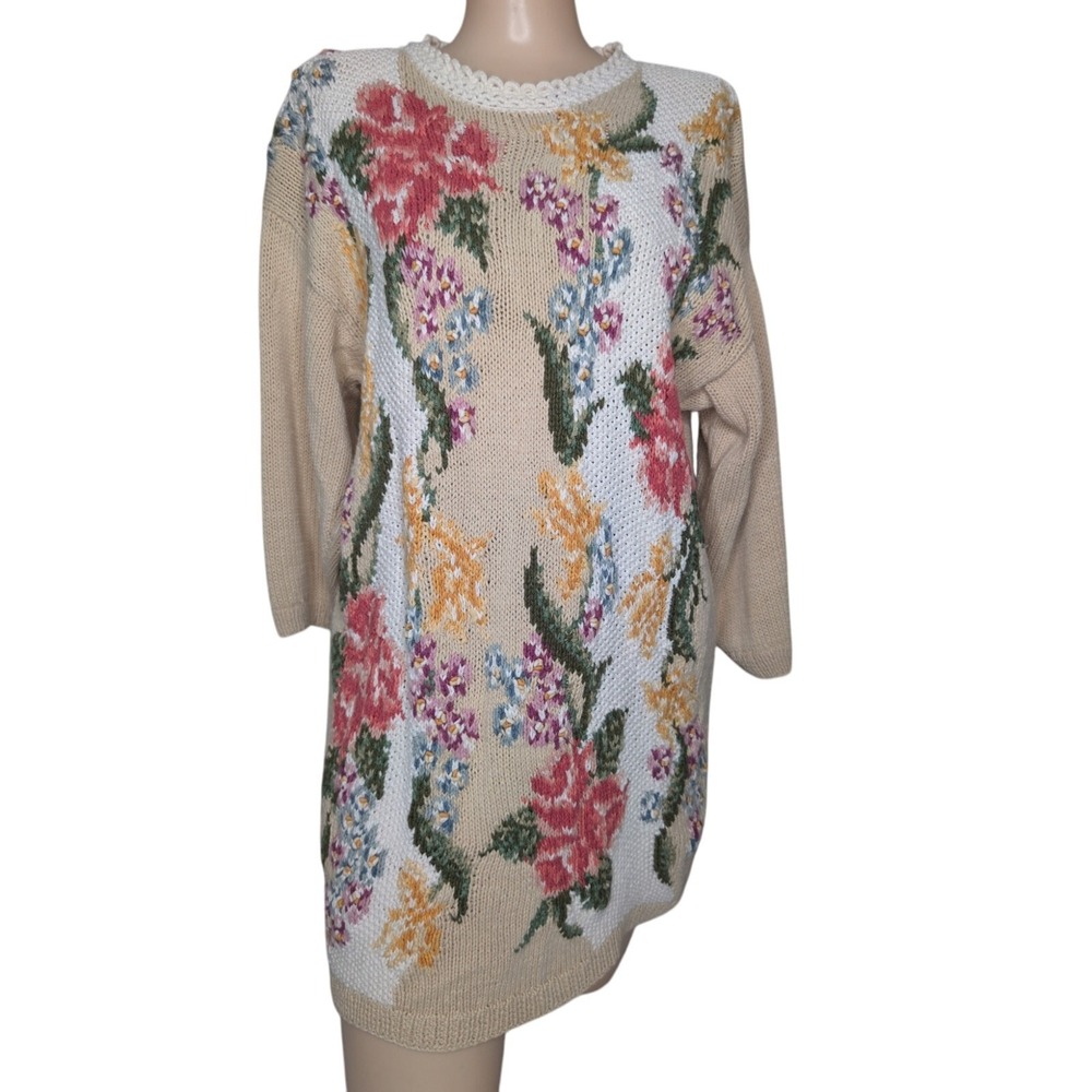 Vintage Marisa Christina Chunky Hand Knit Floral Sweater Oversized Small Cottage